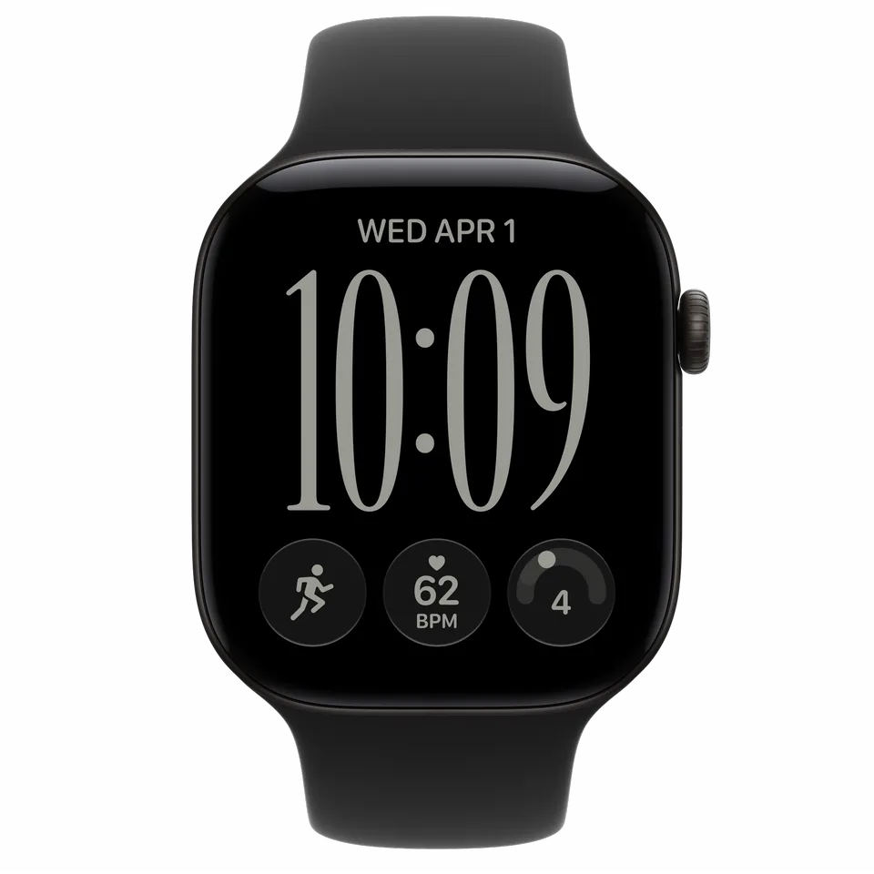 Front view of a black Apple Watch with a black Sport Band