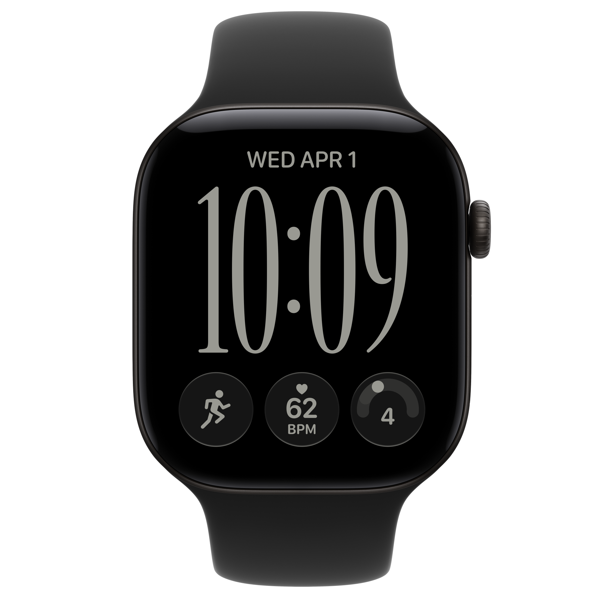 Front view of a black Apple Watch with a black Sport Band