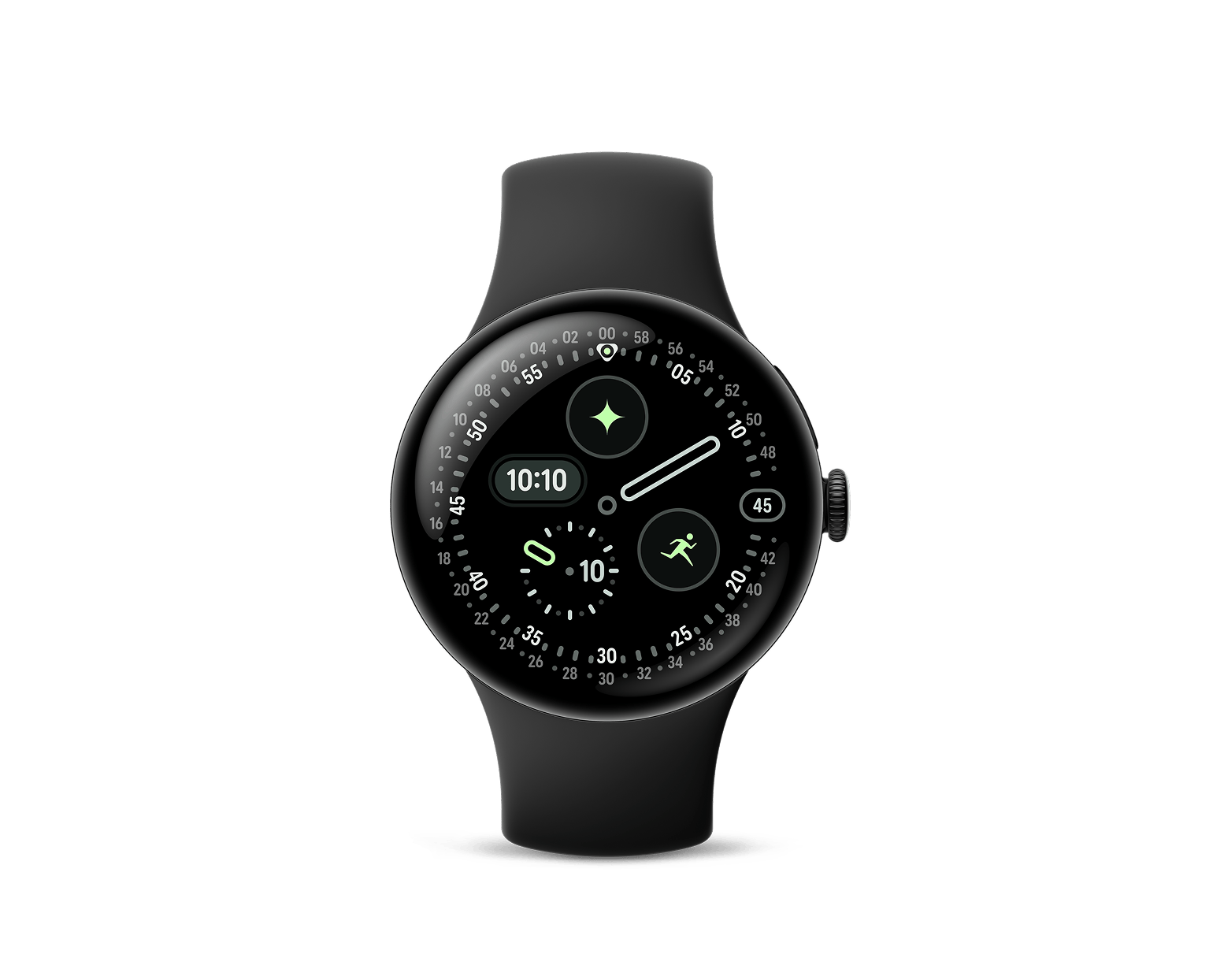 Front view of a black Google Pixel Watch 4